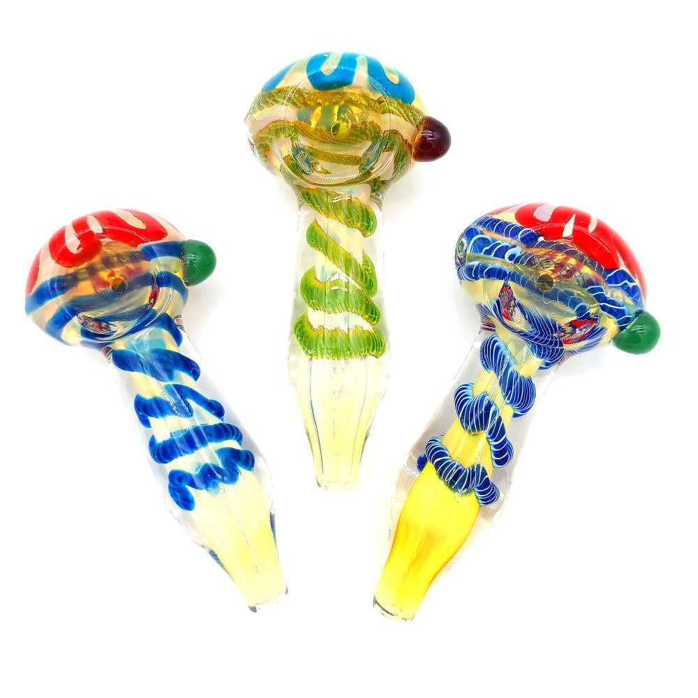 Thick heavy duty glass hand pipe with vibrant swirl color design, crafted from durable glass for a solid grip and smooth, reliable smoking experience.