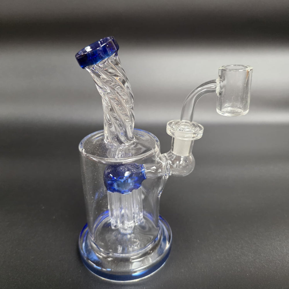 Tree percolator dab rig water pipe with twisted top design and 14mm male banger, offering smooth filtration and high-quality glass performance for clean hits.