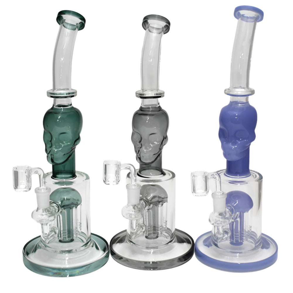 Tree Percolator Skull Glass Water Pipe with 14MM Male Banger featuring detailed skull design, smooth filtration system, and premium glass construction for enhanced performance.