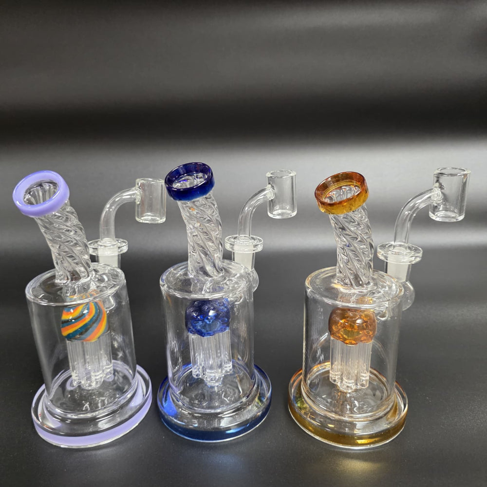 Tree percolator twisted top dab rig water pipe with 14mm male banger, crafted for smooth filtration and clean vapor with durable glass design.