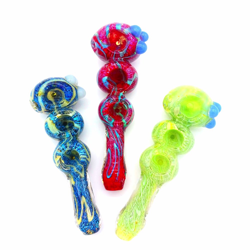 Triple bowl assorted color heavy duty thick glass hand pipe featuring vibrant multicolor designs, thick durable glass construction, and convenient triple bowl functionality.