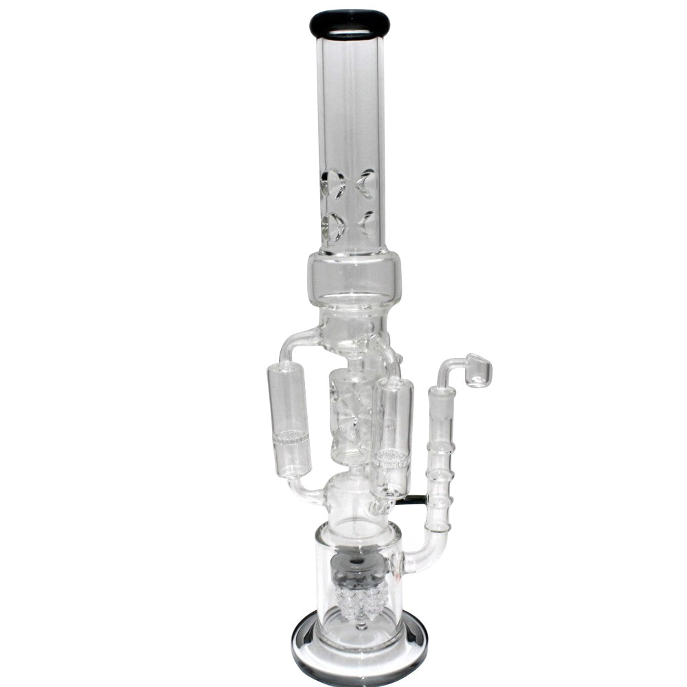 Triple honey comb water pipe with 3 handles new design heavy glass construction and banger featuring advanced filtration system for smooth and powerful hits.