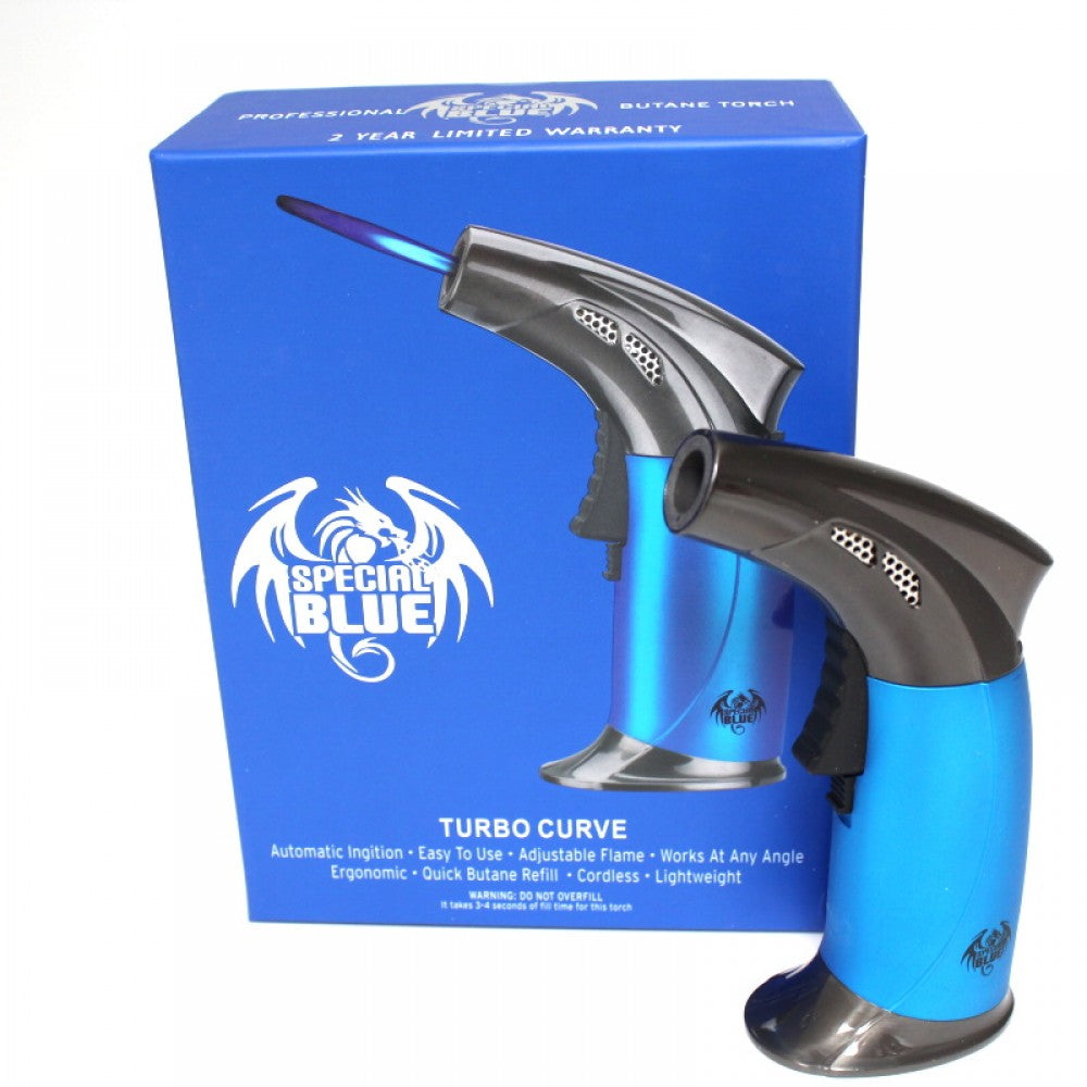 Turbo Curve Torch by Special Blue with powerful jet flame, refillable butane design, and curved body for comfortable handling and reliable performance.