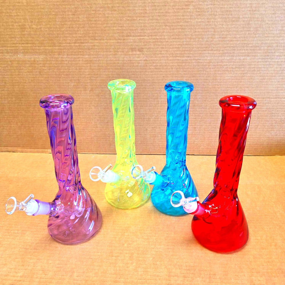 Clear glass twisted beaker bong with multi chamber percolator system for clean and smooth smoke diffusion.