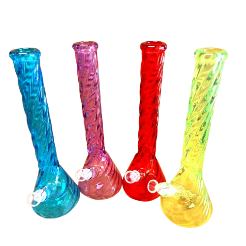 Twisted beaker glass water pipe front view with thick base design for stability and smooth smoke filtration.