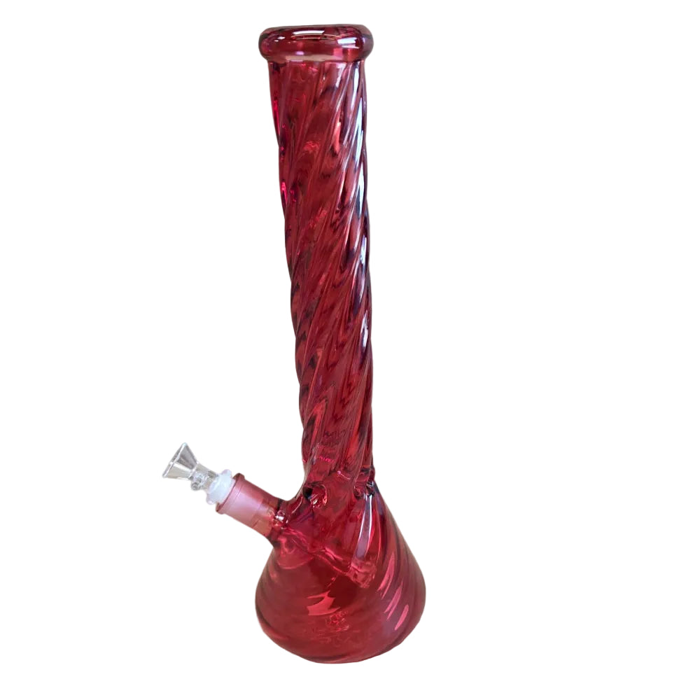 Clear glass twisted beaker percolator bong with multi filtration system for cleaner and smoother smoking experience.