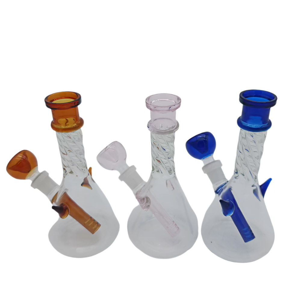 Twisted design color tube beaker glass water pipe featuring dome percolator and single side bowl for smooth, filtered, and cool smoke experience.