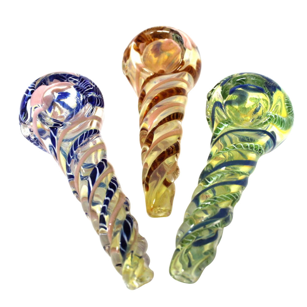 Multi color twisted glass hand pipe featuring vibrant handcrafted color patterns and a unique twisted glass design.
