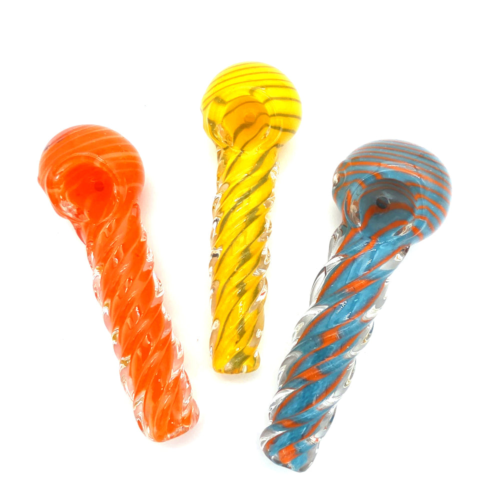Twisted design swirl color heavy duty glass hand pipe made from thick durable glass with unique twisted swirl pattern, compact shape, and smooth airflow.