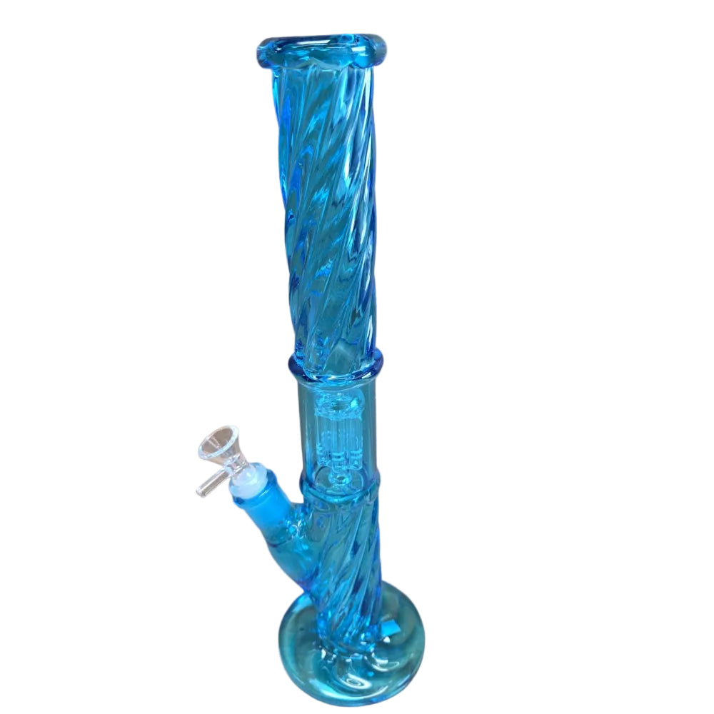 Twisted tree percolator straight water pipe with flat bottom base and thick glass construction for smooth filtration.