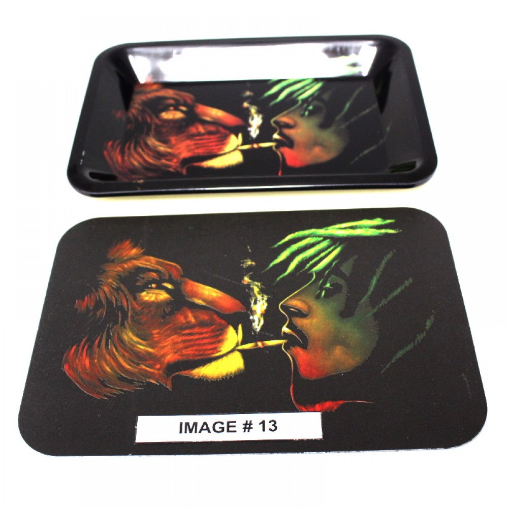 Two part metal storage tray with art design and magnetic cover lid, durable and organized storage solution.