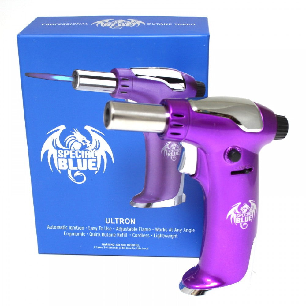 ULTRON Special Blue Torch featuring refillable butane fuel system, adjustable windproof flame, and durable portable torch design.