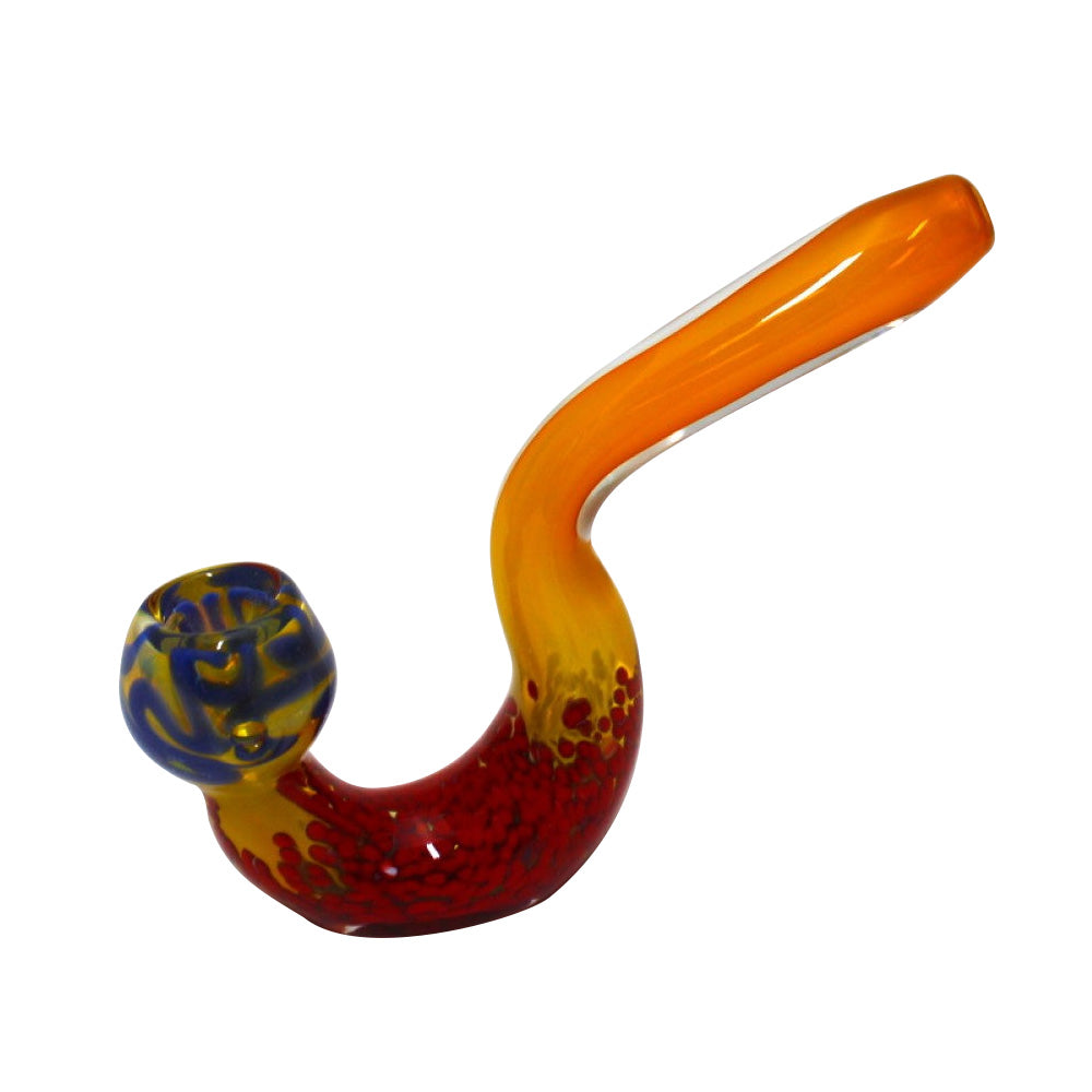 Upright Multi Color Glass Sherlock Pipe featuring a vibrant handcrafted design, durable glass construction, and a classic curved shape.