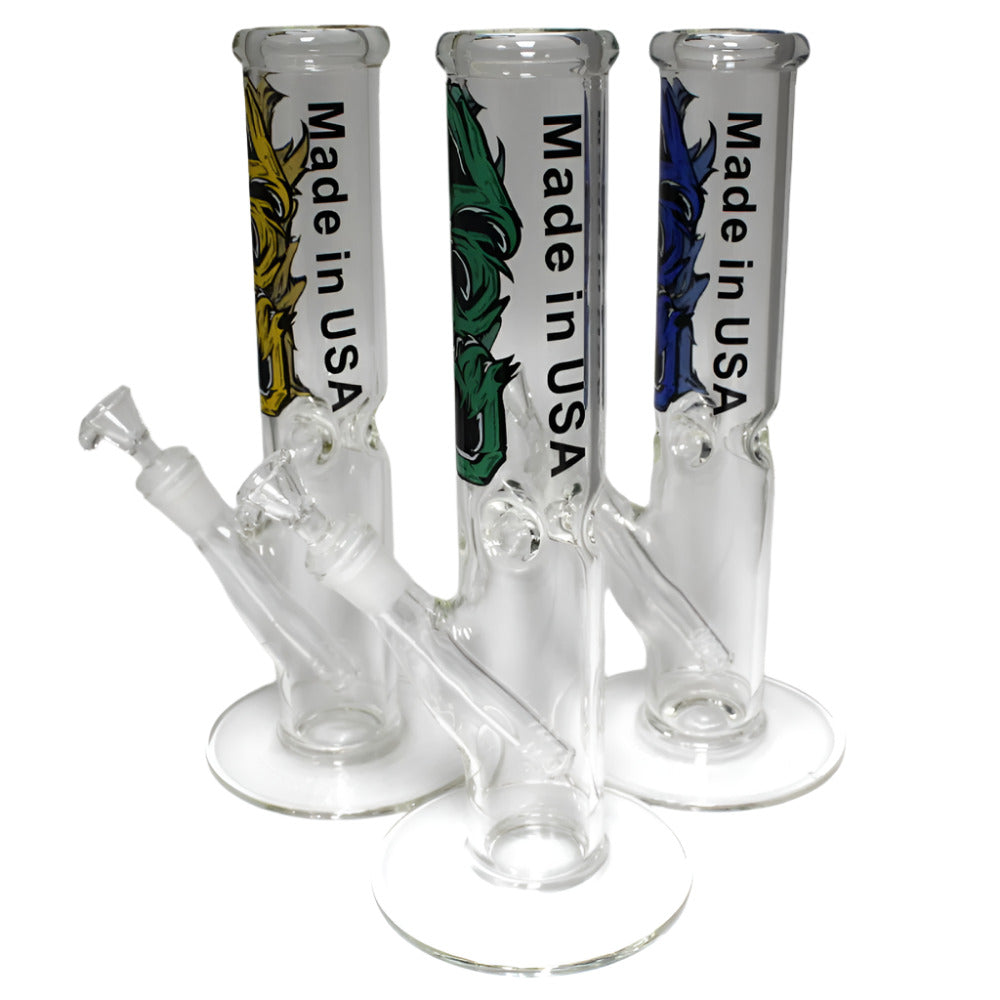 USA Made sticker design straight water pipe with durable glass construction, stable base, and smooth airflow for efficient performance.
