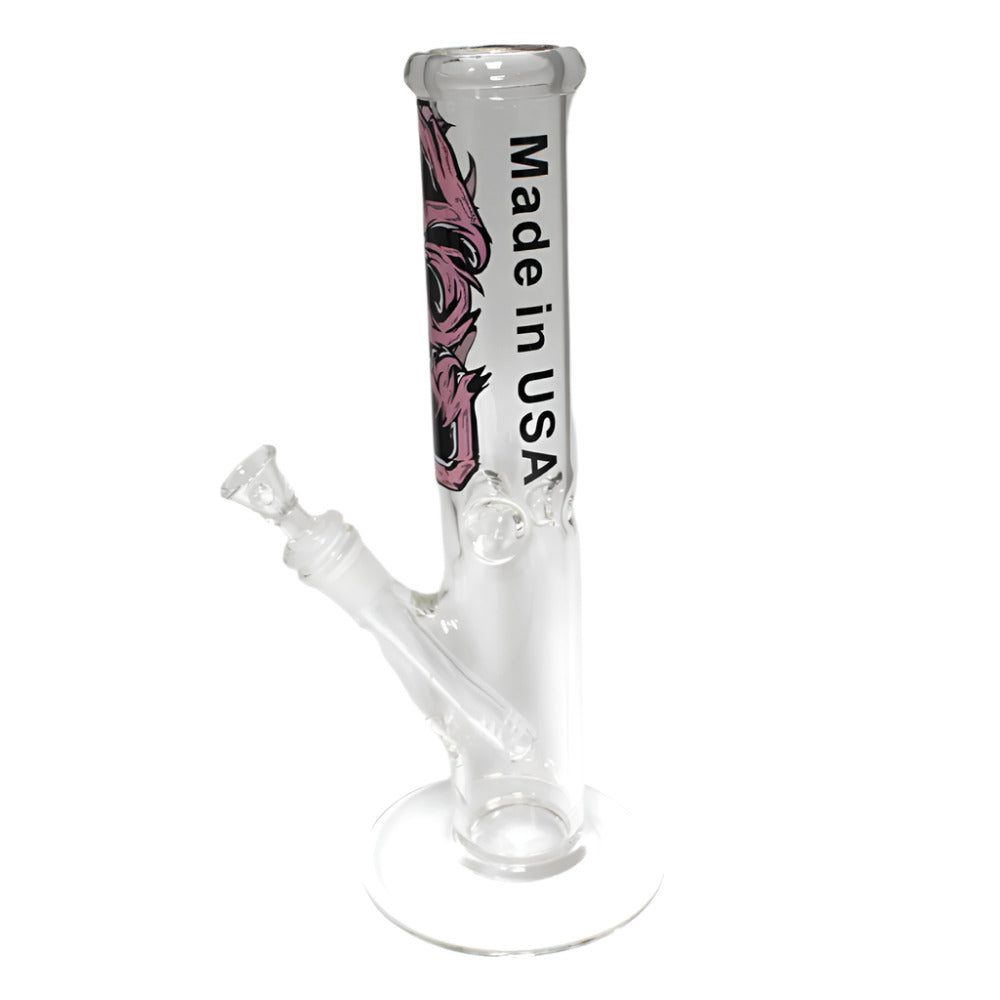 USA Made Straight Water Pipe featuring bold sticker design, durable glass straight tube construction, and smooth airflow performance for everyday use.