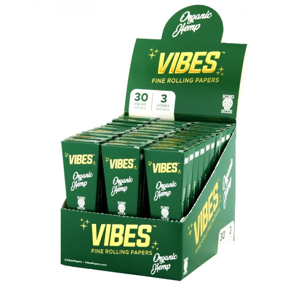 Vibes Organic Hemp King Size Pre Rolled Cones 30 Packs Per Box with 3 Cones Per Pack
