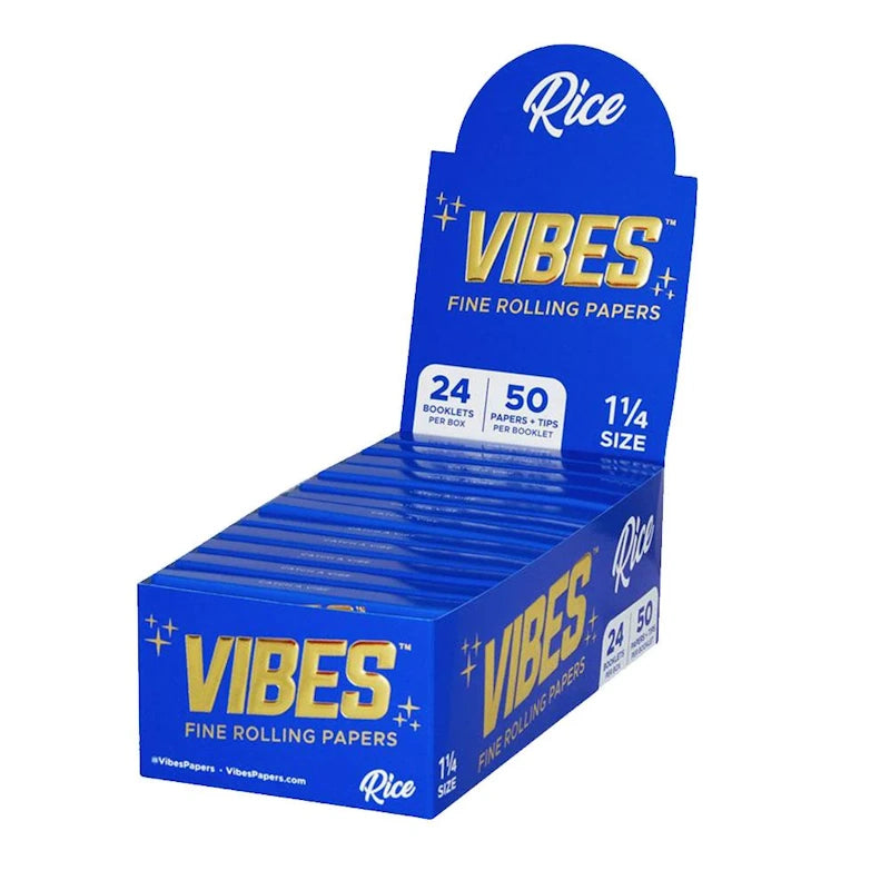 Vibes Rice Fine Rolling Papers 1 1/4 Size 24 Booklet Per Box 50 Papers and Tips Per Booklet Premium Natural Rolling Papers Box Packaging Display.