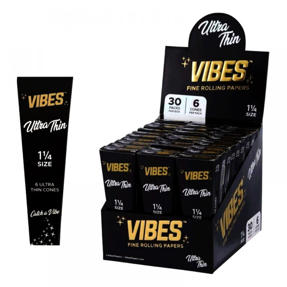 Vibes Ultra Thin 1 1/4 Size Pre Rolled Cones 30 Packs Per Box with 6 Cones Per Pack