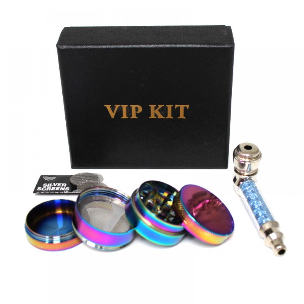 VIP Kit Box with rainbow color grinder, metal pipe, pipe screen set, and compact storage case with durable construction.