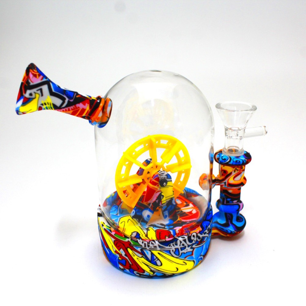 Water wheel design silicone and glass water pipe with durable heat-resistant body, decorative spinning chamber, and efficient water filtration for smooth airflow.
