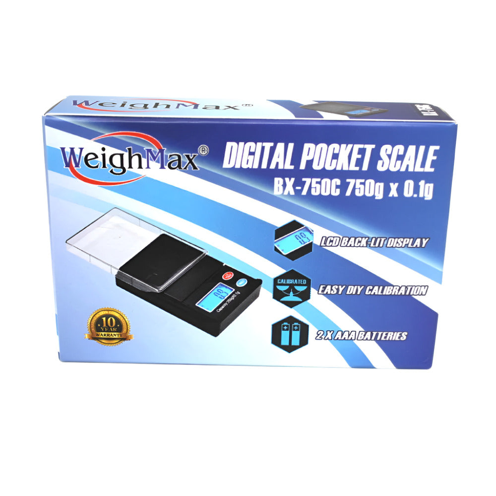 Weigh Max BX-750C pocket scale, 750g capacity with 0.1g precision, compact digital scale with LCD display for accurate portable weighing.