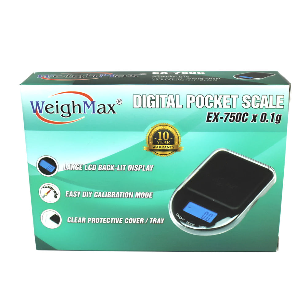 Weigh Max EX-750C mini pocket scale, 750g capacity with 0.1g precision, compact portable design with LCD display for accurate weighing.