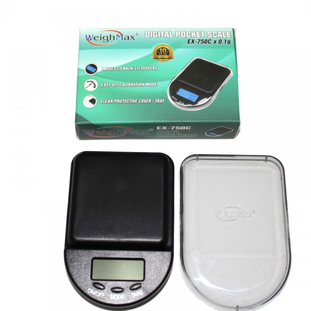 Weigh Max EX-750C mini digital pocket scale, 750g capacity with 0.1g precision, compact portable design with LCD display for accurate weighing.