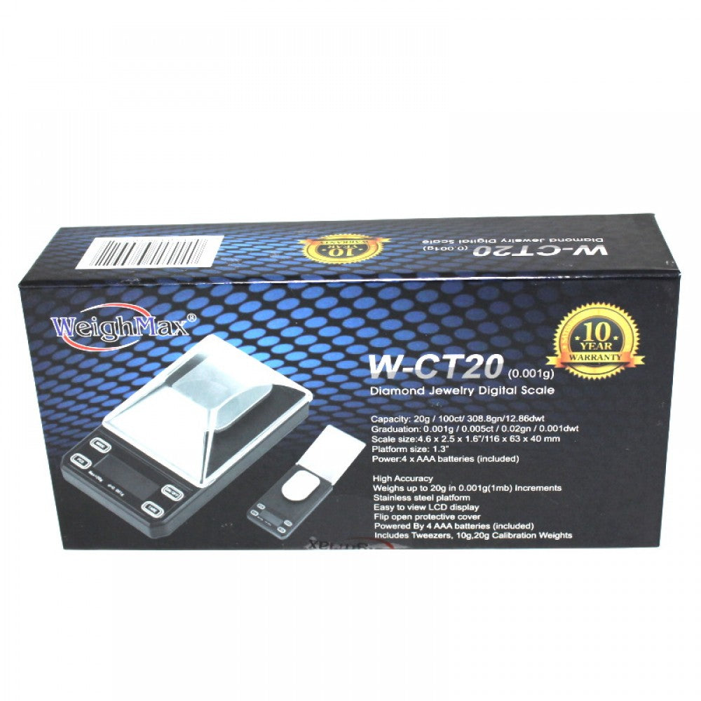 Weigh Max W-CT20 diamond jewelry digital scale, 20g capacity with 0.001g precision, compact portable design with LCD display for ultra-accurate weighing.
