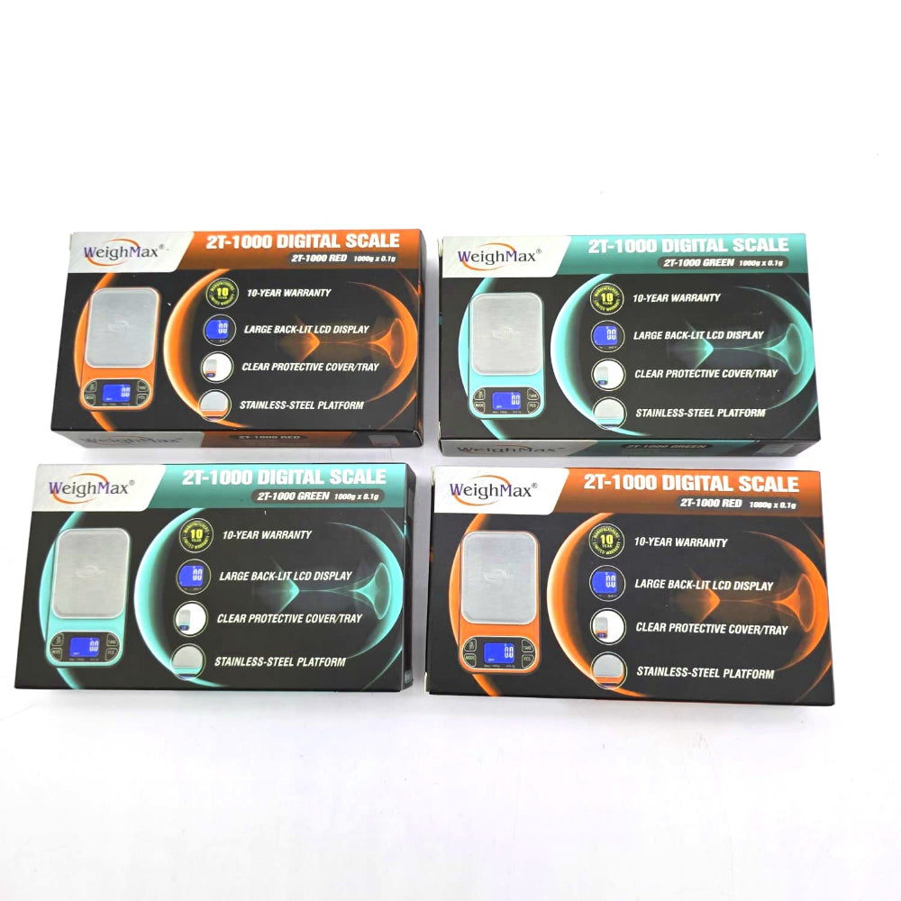 WeighMax 2T-1000 digital pocket scale with LCD display showing precise weight measurement up to 1000g