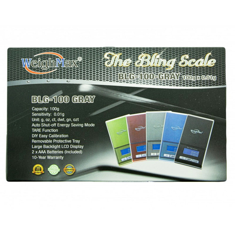 Weight Max The Bling Scale BLG, 100g capacity with 0.01g precision, compact digital scale with LCD display for accurate portable weighing.