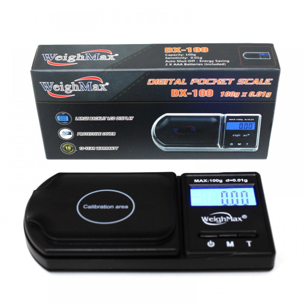 Weight Max DX-100 digital pocket scale, 100g capacity with 0.01g precision, compact portable design with LCD display for accurate weighing.