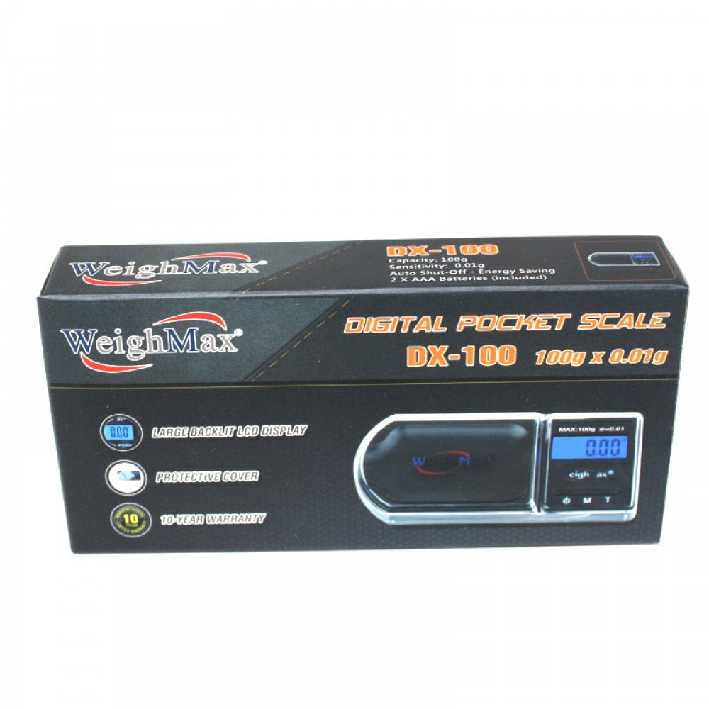 Weight Max DX-100 digital pocket scale, 100g capacity with 0.01g precision, compact portable design with LCD display for accurate weighing.