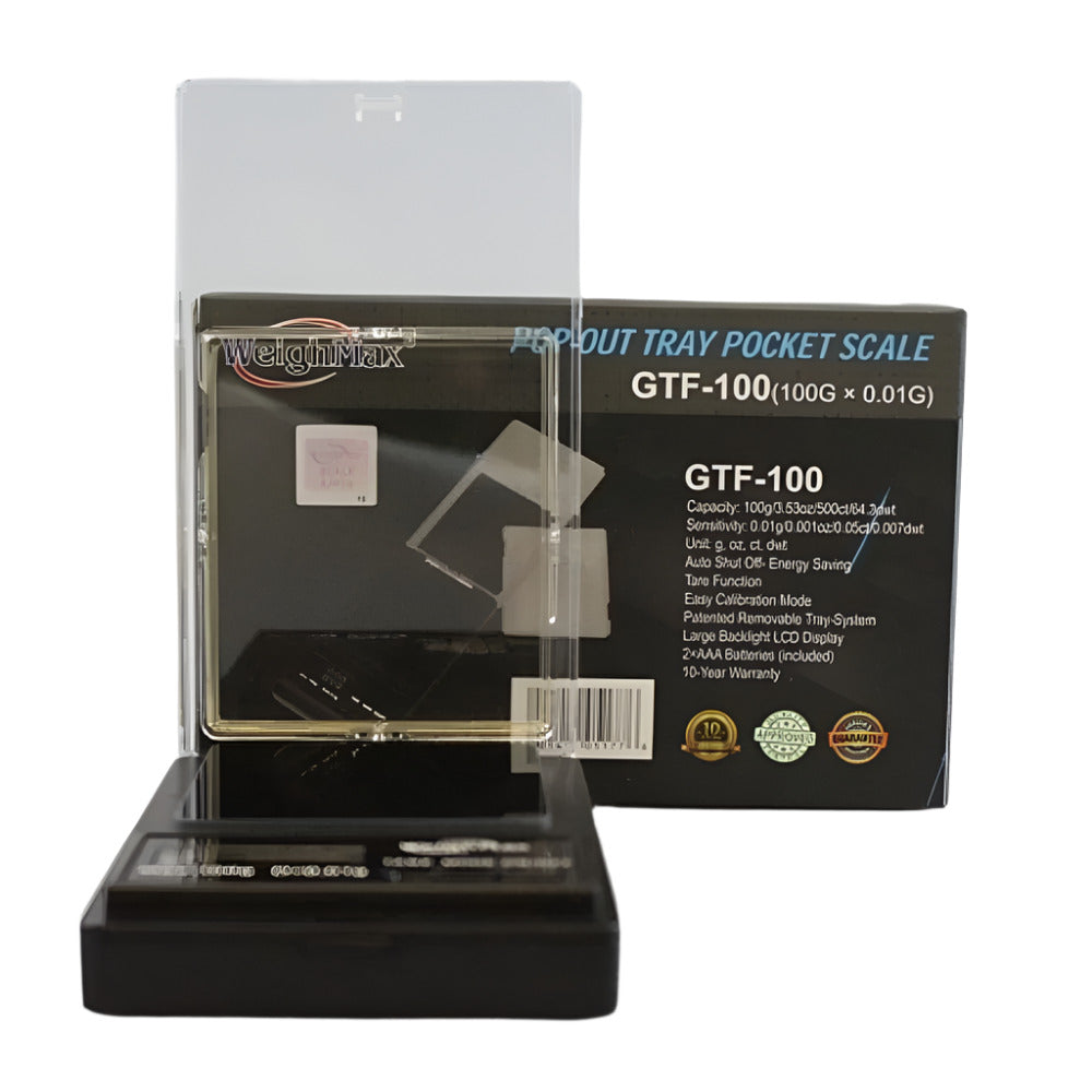 Weight Max GTF-100 pocket scale, 100g capacity with 0.01g precision, compact digital scale with LCD display for accurate portable weighing.
