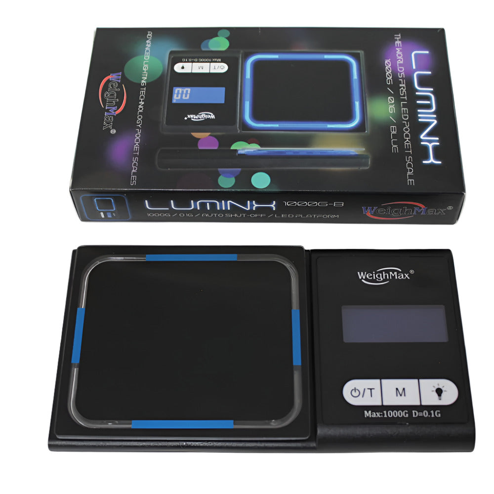 Weight Max LUMINX pocket scale, 1000g capacity with 0.1g precision, compact digital scale with LCD display for accurate portable weighing.