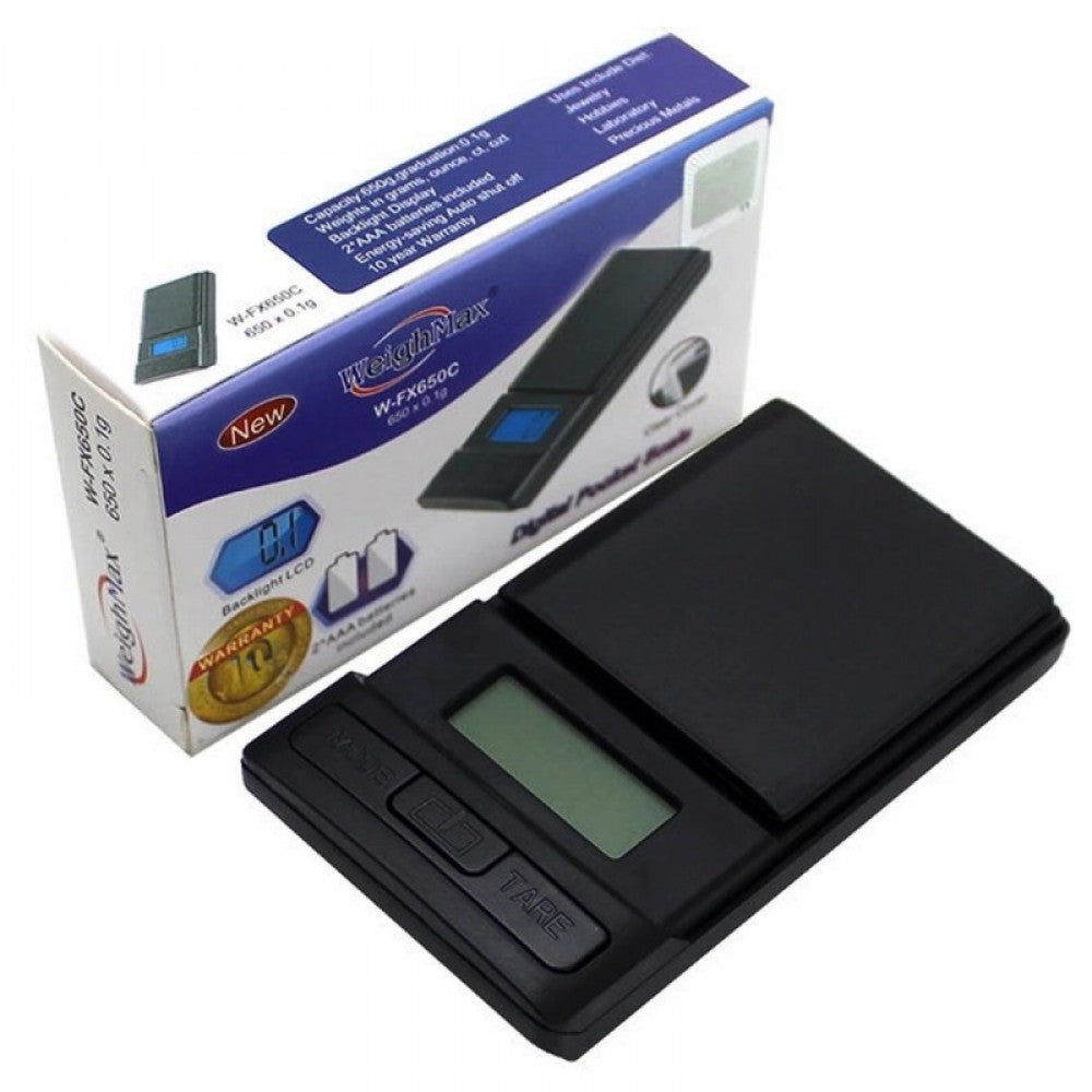 Weight Max W-FX650C digital scale with 650g capacity and 0.1g precision, compact portable weighing scale with LCD display for accurate measurements.**