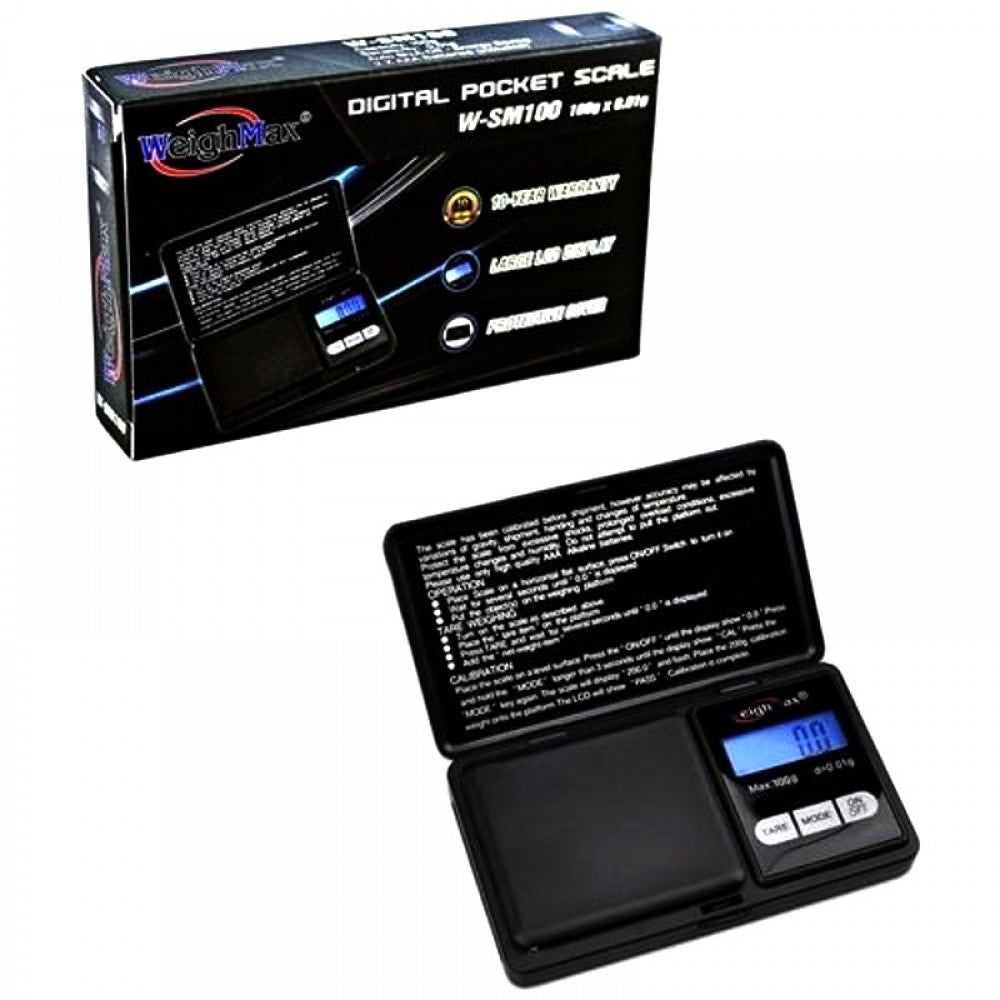 Weight Max W-SM100 digital scale, 100g capacity with 0.01g precision, compact portable design with LCD display for accurate weighing.