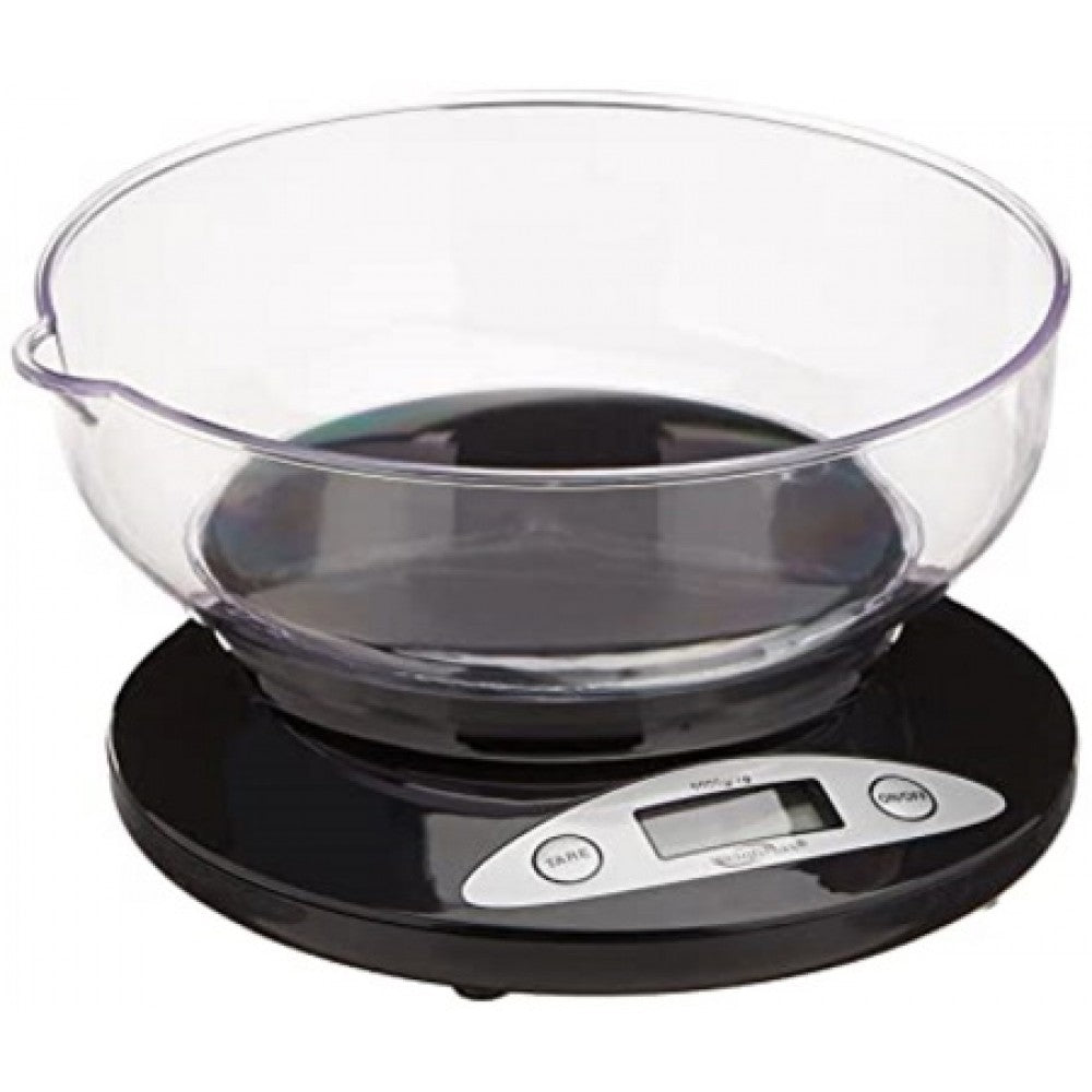 Weight Max W-2810 digital kitchen scale with 5kg capacity and 0.1g precision, includes bowl, compact design with LCD display for accurate kitchen weighing.