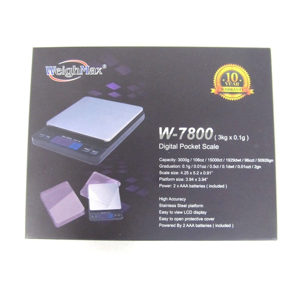 Weight-Max W-7800 digital pocket scale with 3kg capacity and 0.1g precision, portable weighing scale with LCD display and durable construction.