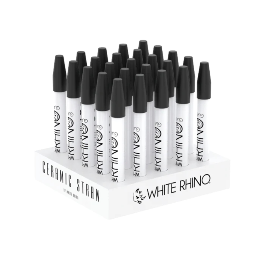 White Rhino ceramic dab straw with silicone cap, 25 pieces per display pack, durable heat-resistant design for smooth and portable dabbing use.