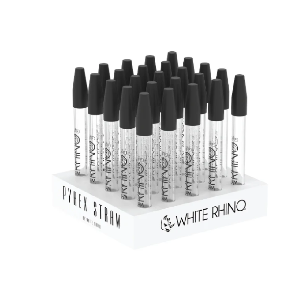 White Rhino Pyrex dab straw with silicone cap, 25 pieces per display pack, durable heat-resistant glass design for portable and smooth dabbing use.