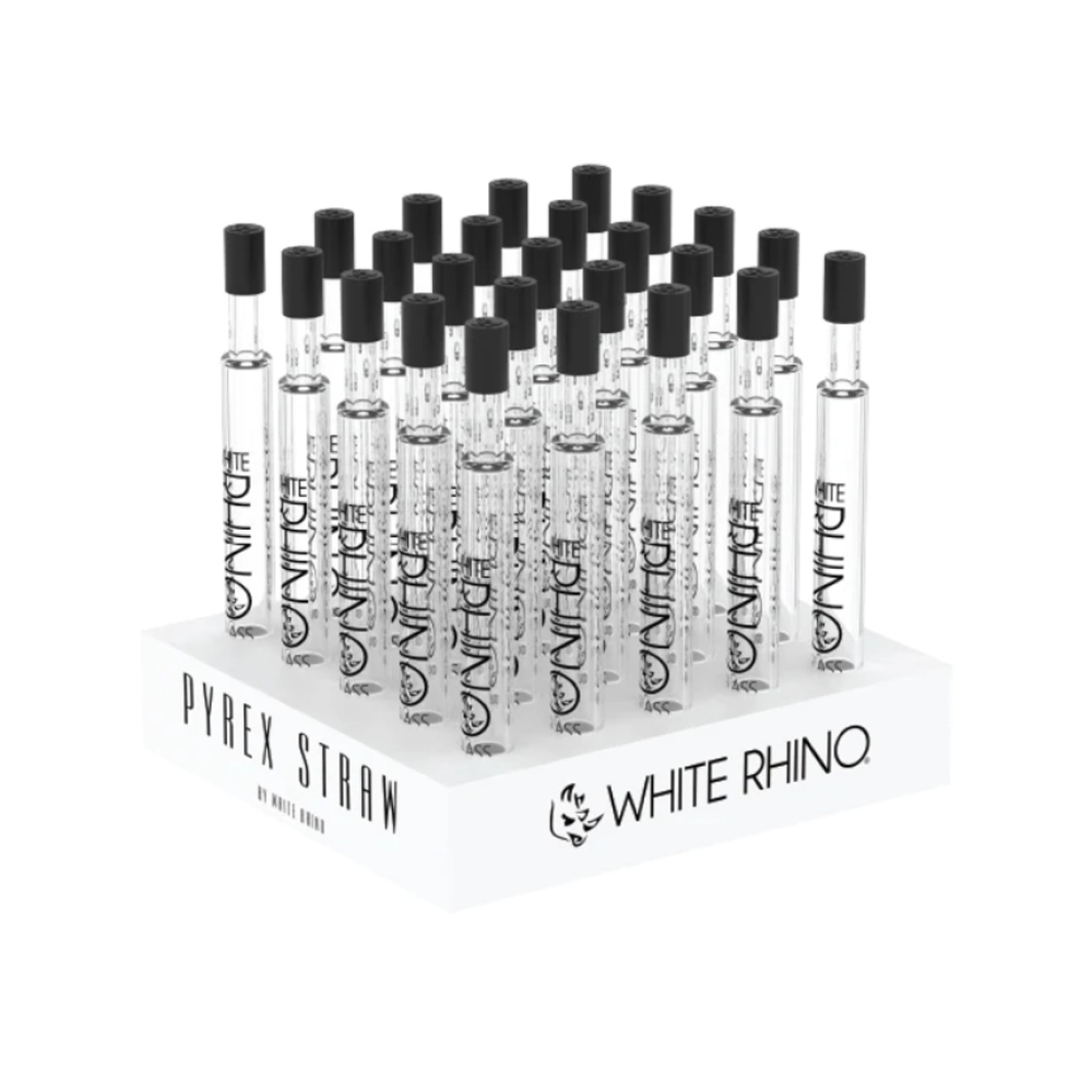 White Rhino Pyrex V2 dab straw with silicone cap 25 piece display durable Pyrex glass construction heat-resistant cap portable design for clean safe use.