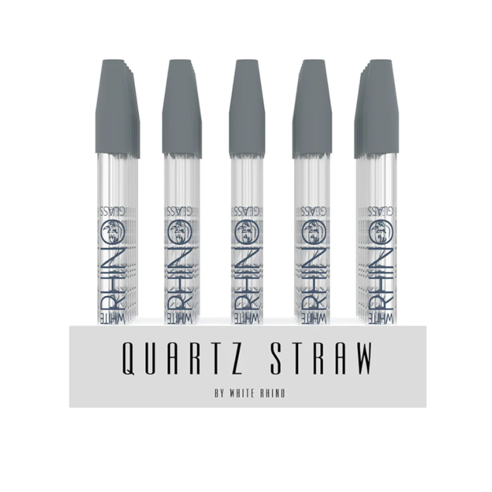 White Rhino quartz dab straw with silicone cap, 25 pieces per display pack, durable heat-resistant design for efficient and portable dabbing use.