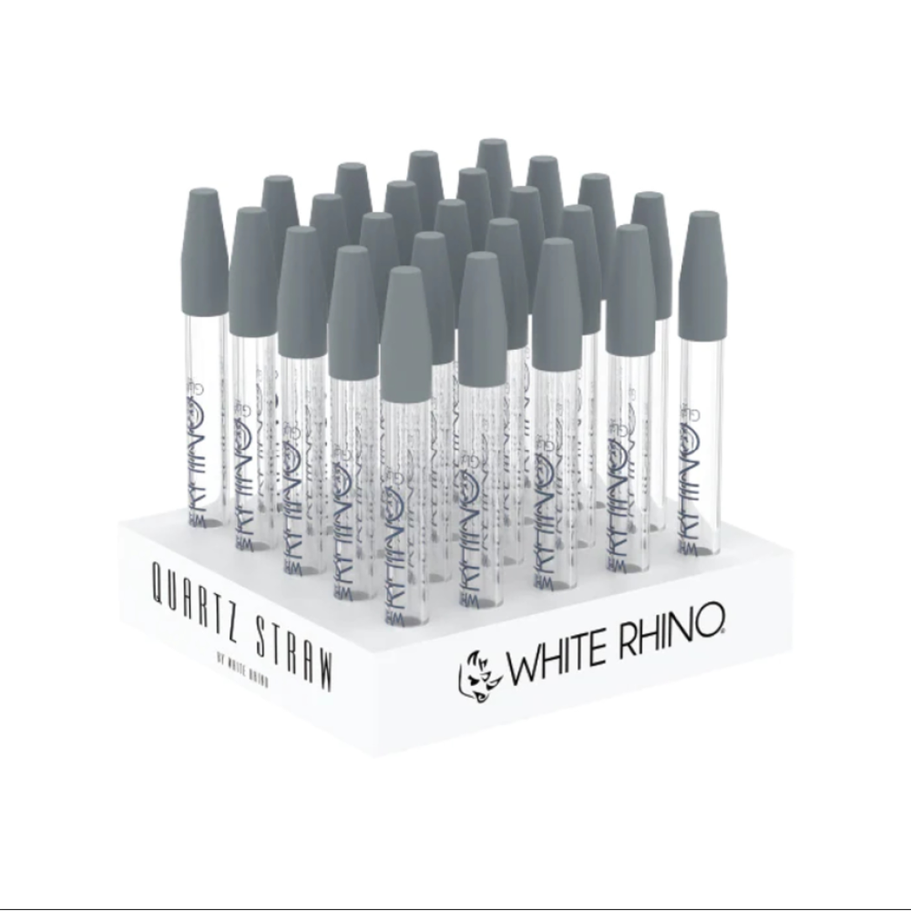 White Rhino quartz dab straw with silicone cap 25 piece display durable quartz construction heat-resistant cap portable design for clean and safe use.