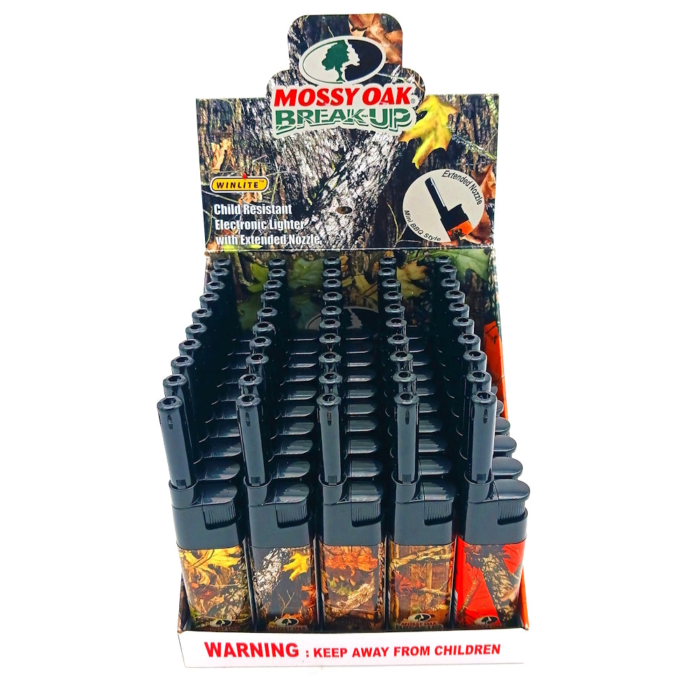 Winlite Mossy Oak camo extended fixed flame lighter 50ct display pack, wind-resistant flame and durable body designed for outdoor and everyday use.