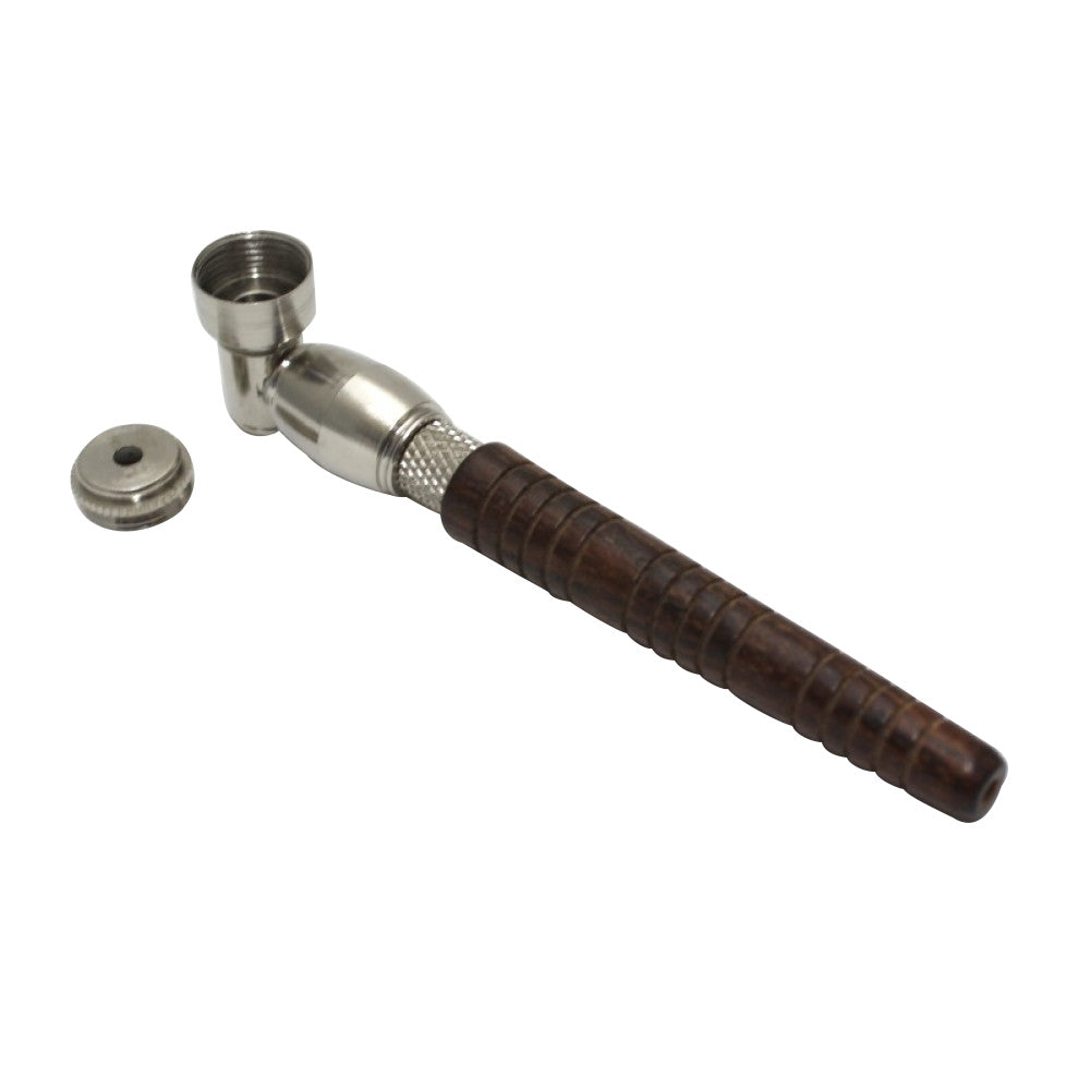 Wood and Metal Hand Pipe With Metal Bowl With Lid featuring durable wood and metal construction, secure lid, and classic design.