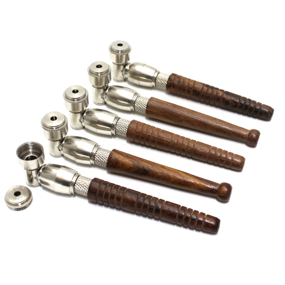 Wood and Metal Hand Pipe with Metal Bowl and Lid Durable Portable Hand Pipe Featuring a Secure Lid and Classic Wood Handle Design