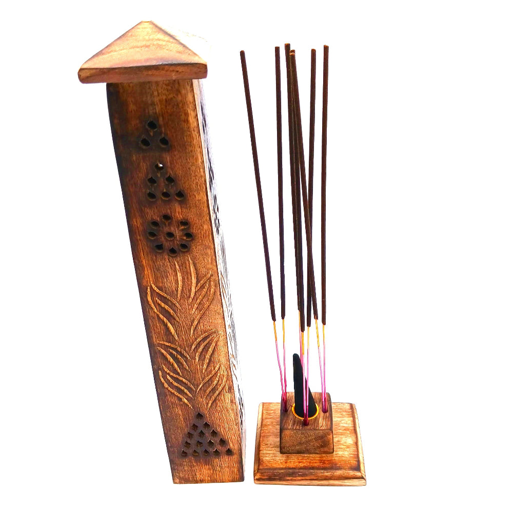 Wooden Stand Incense Holder 2 in 1 for cone and incense sticks durable natural wood burner tray ideal for meditation yoga and aromatic relaxation use.