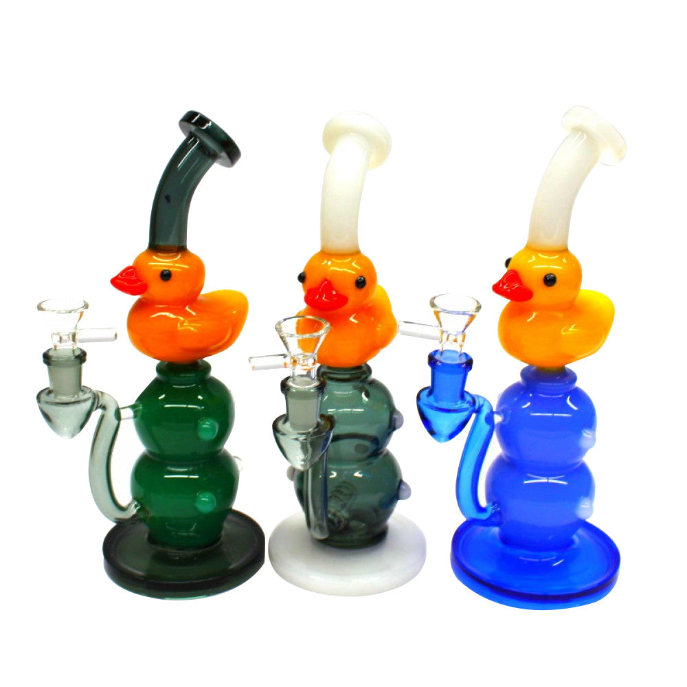 Yellow duck colored water pipe novelty glass bong with fun duck design durable glass construction smooth filtration system ideal for collectors and display use.