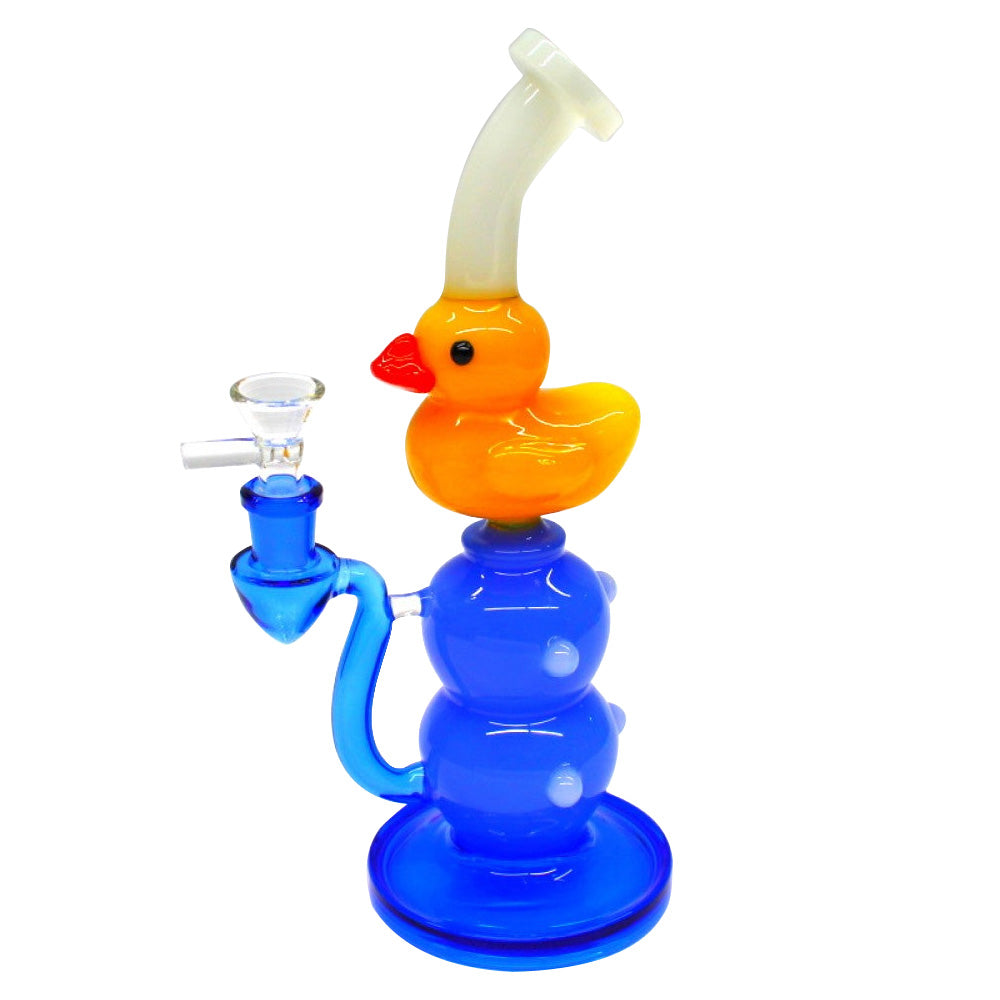 Yellow duck glass water pipe novelty bong with colorful duck design durable glass construction smooth smoke filtration system ideal for collectors and display use.