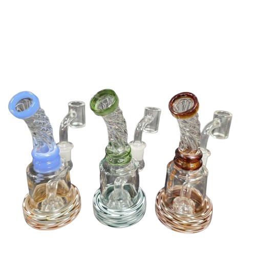Zig zag color base dab rig water pipe with 14mm male banger, featuring a unique colored base design and durable glass for smooth and clean vapor filtration.